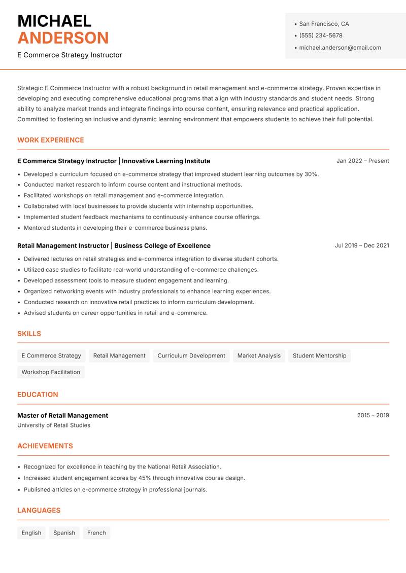E Commerce Instructor resume template — Modern Professional