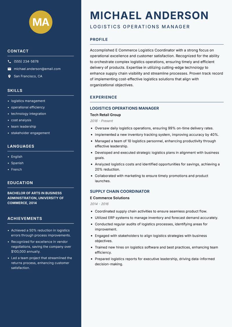 E Commerce Logistics Coordinator resume template — Classic Clean