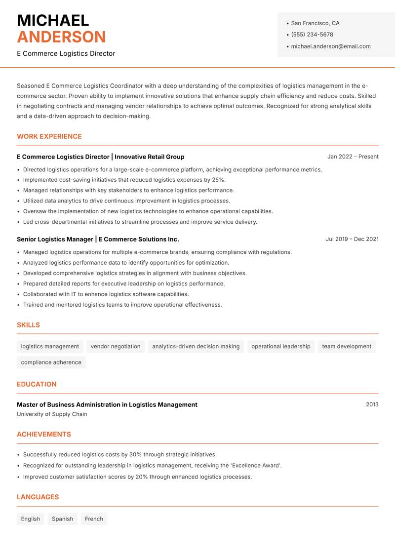E Commerce Logistics Coordinator resume template — Modern Professional