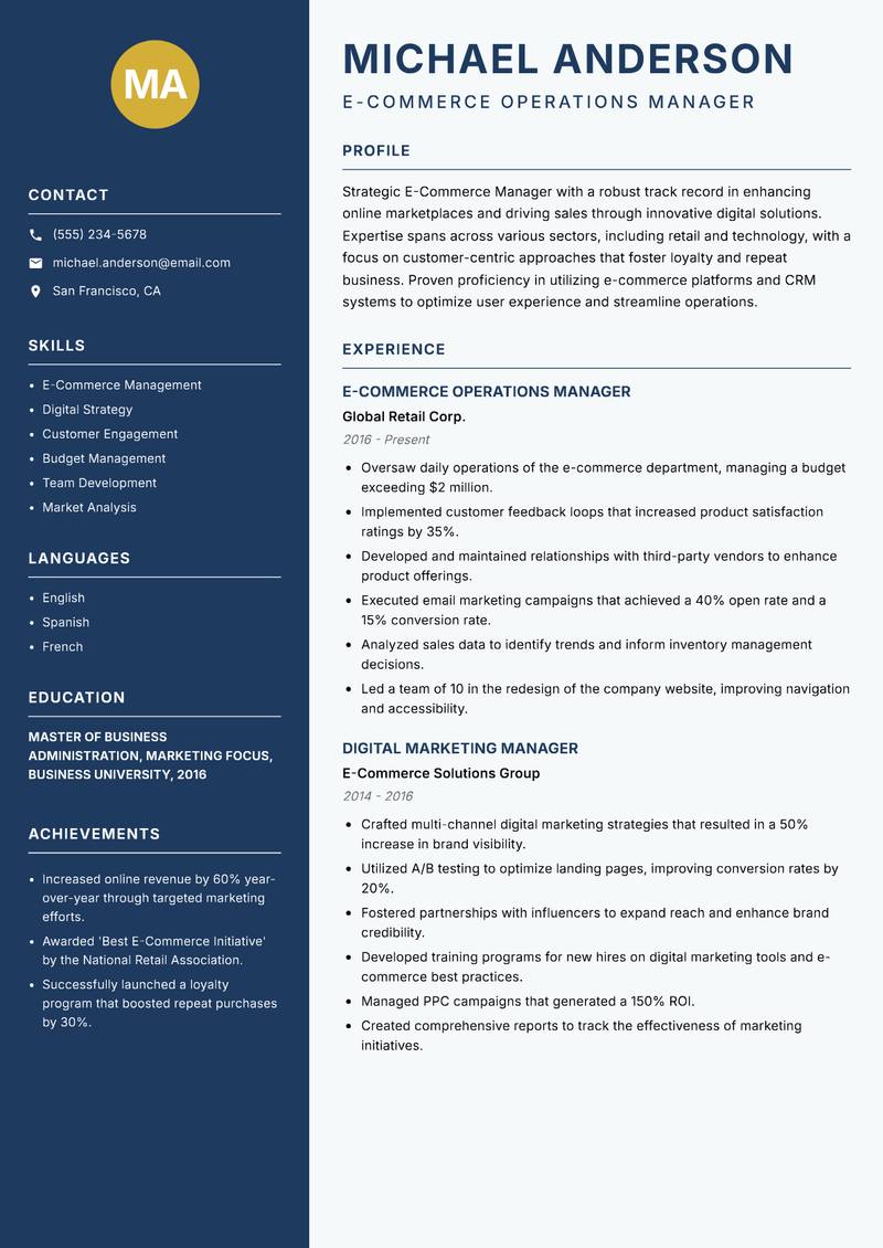E Commerce Manager resume template — Classic Clean