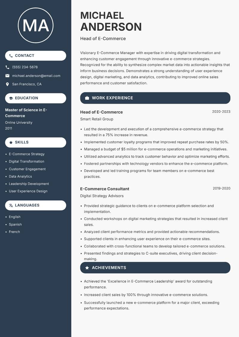 E Commerce Manager resume template — Compact