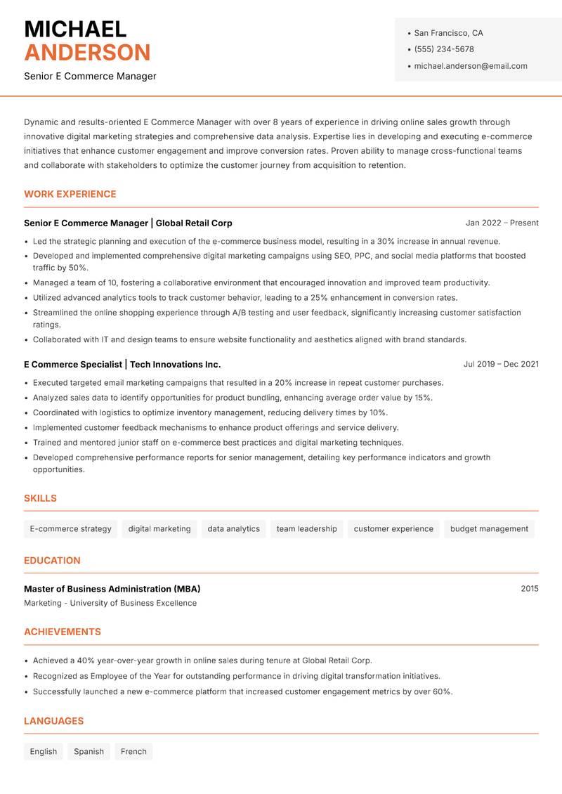 E Commerce Manager resume template — Modern Professional