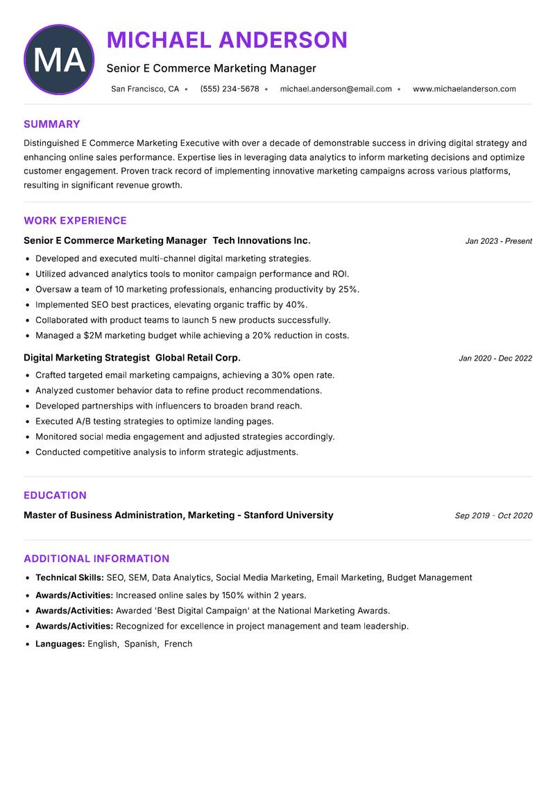 E Commerce Marketing Executive resume example — ATS-friendly template