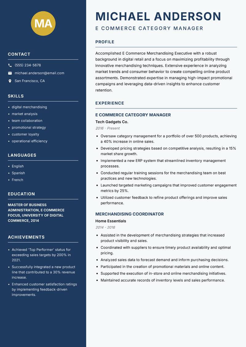 E Commerce Merchandising Executive resume template — Classic Clean