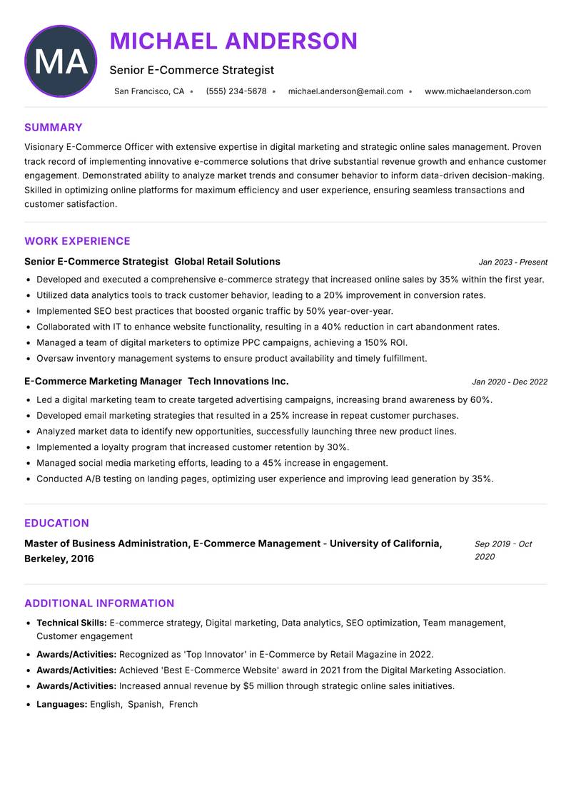 E Commerce Officer resume example — ATS-friendly template