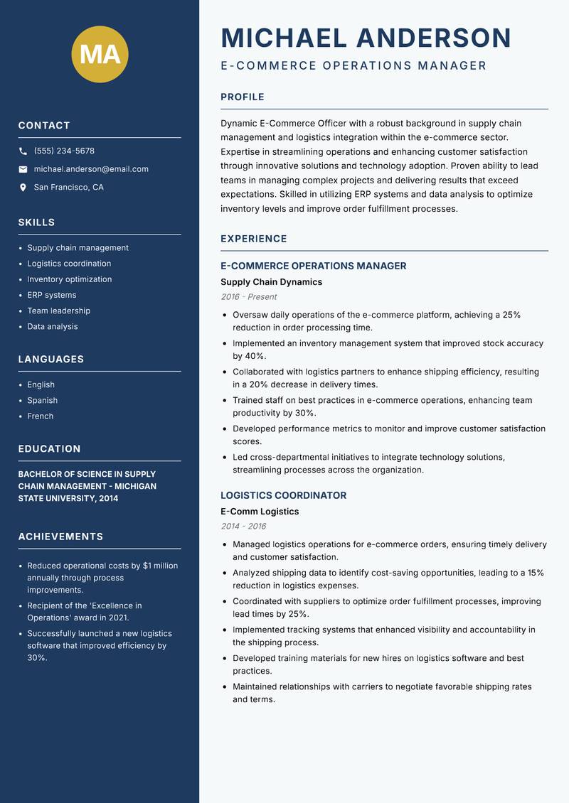 E Commerce Officer resume template — Classic Clean