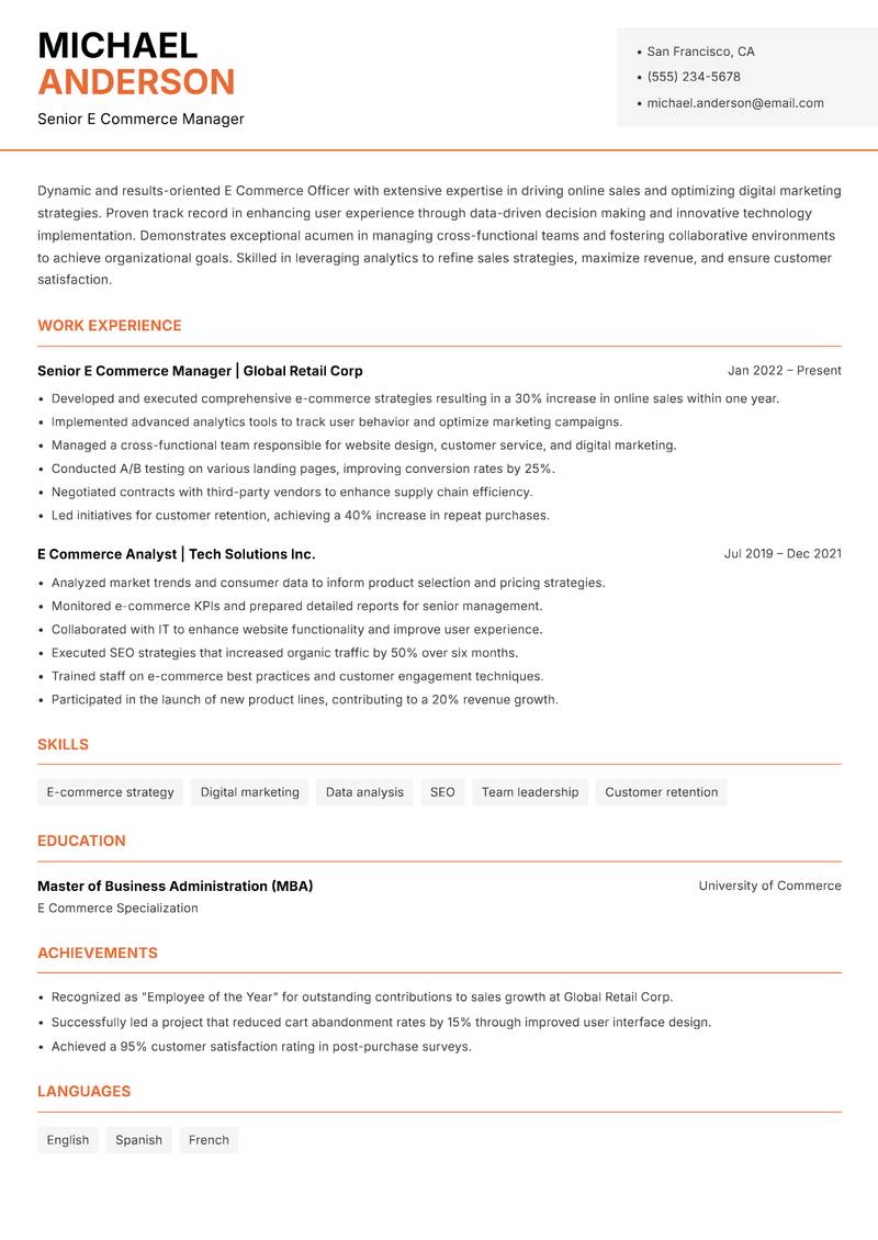 E Commerce Officer resume template — Modern Professional