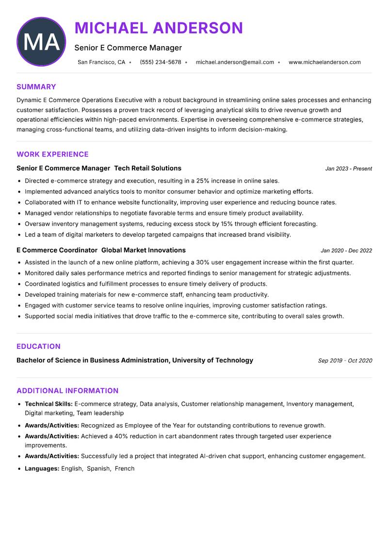 E Commerce Operations Executive resume example — ATS-friendly template
