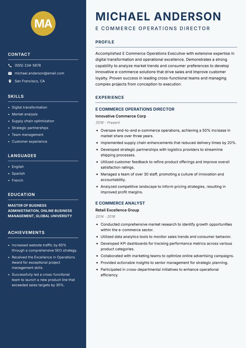 E Commerce Operations Executive resume template — Classic Clean