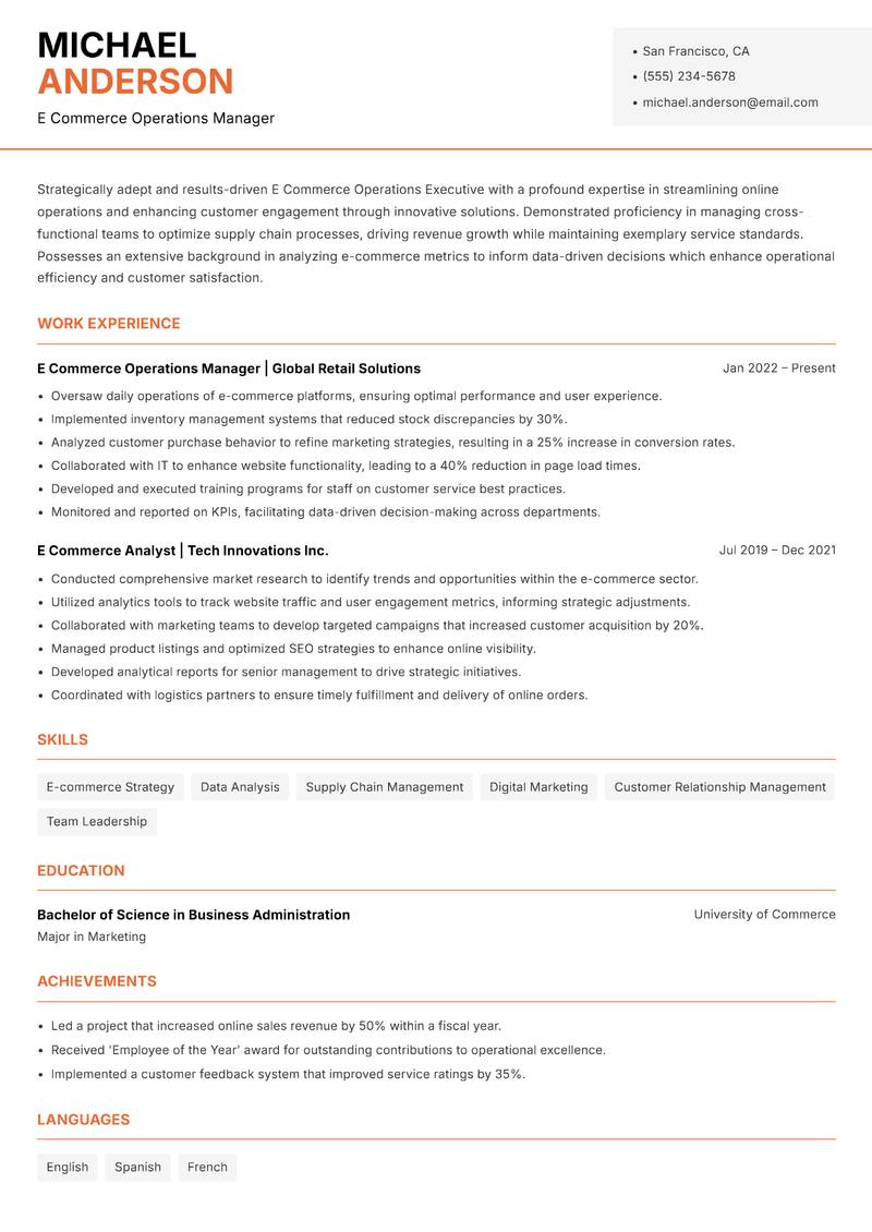 E Commerce Operations Executive resume template — Modern Professional