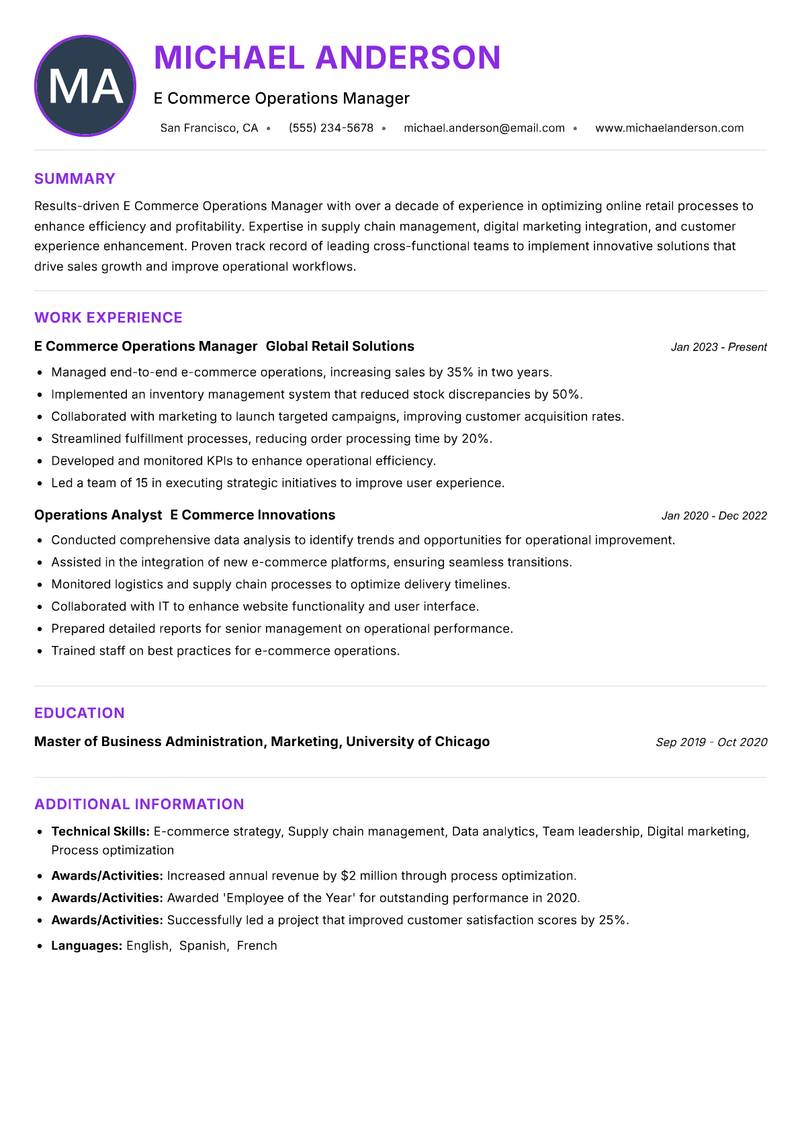 E Commerce Operations Manager resume example — ATS-friendly template