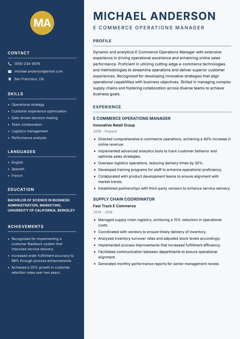 E Commerce Operations Manager resume template — Classic Clean