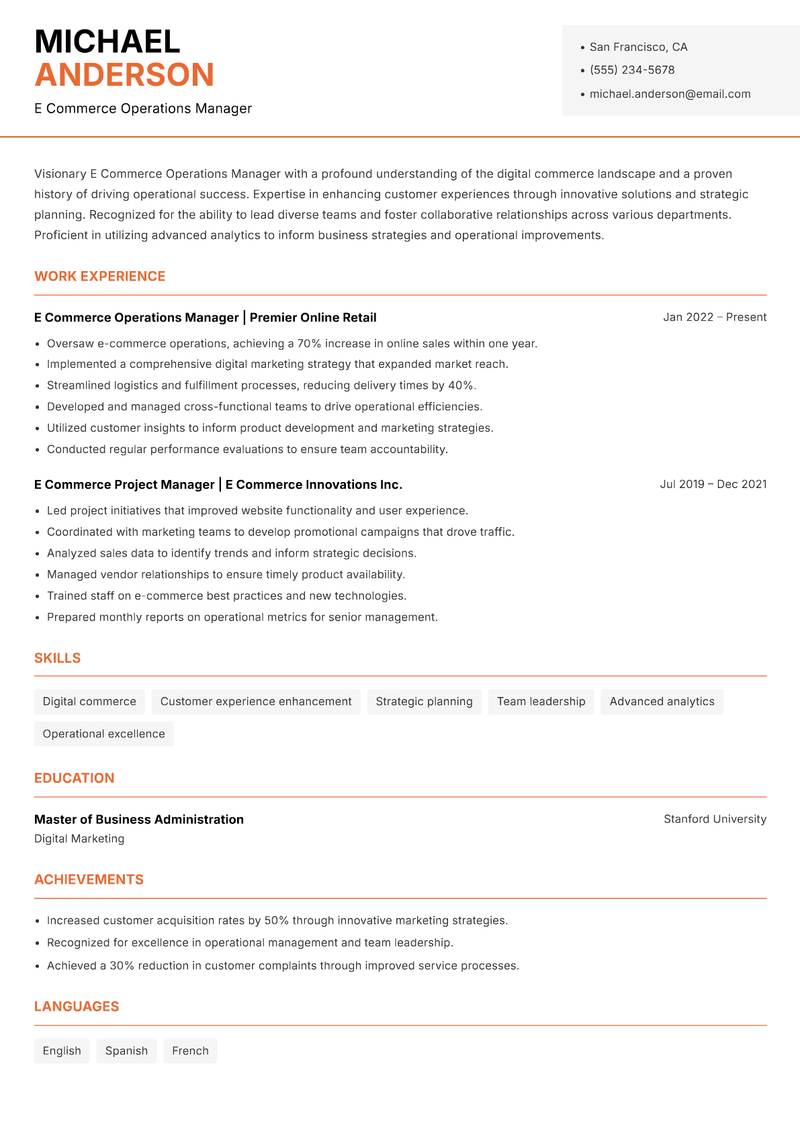 E Commerce Operations Manager resume template — Modern Professional