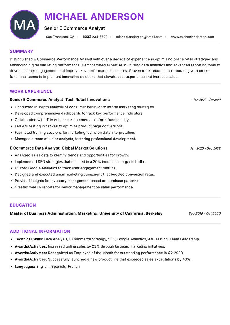 E Commerce Performance Analyst resume example — ATS-friendly template