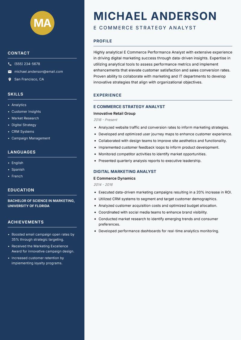 E Commerce Performance Analyst resume template — Classic Clean