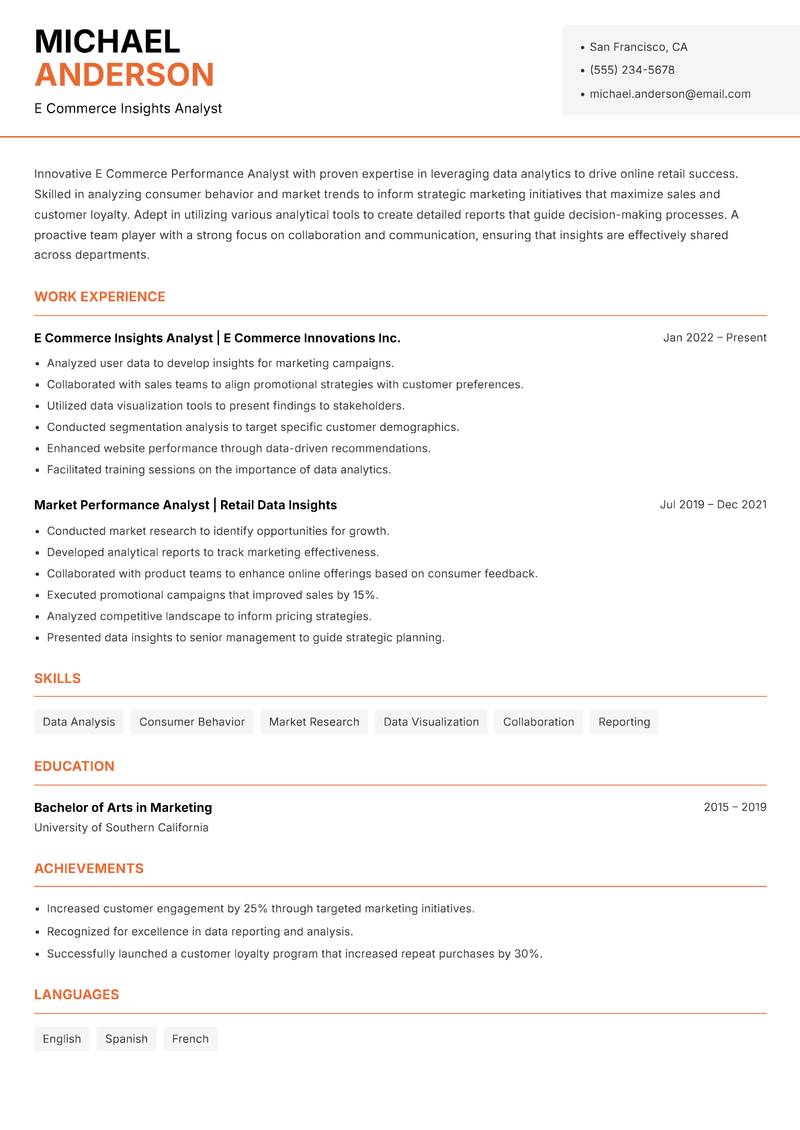 E Commerce Performance Analyst resume template — Modern Professional