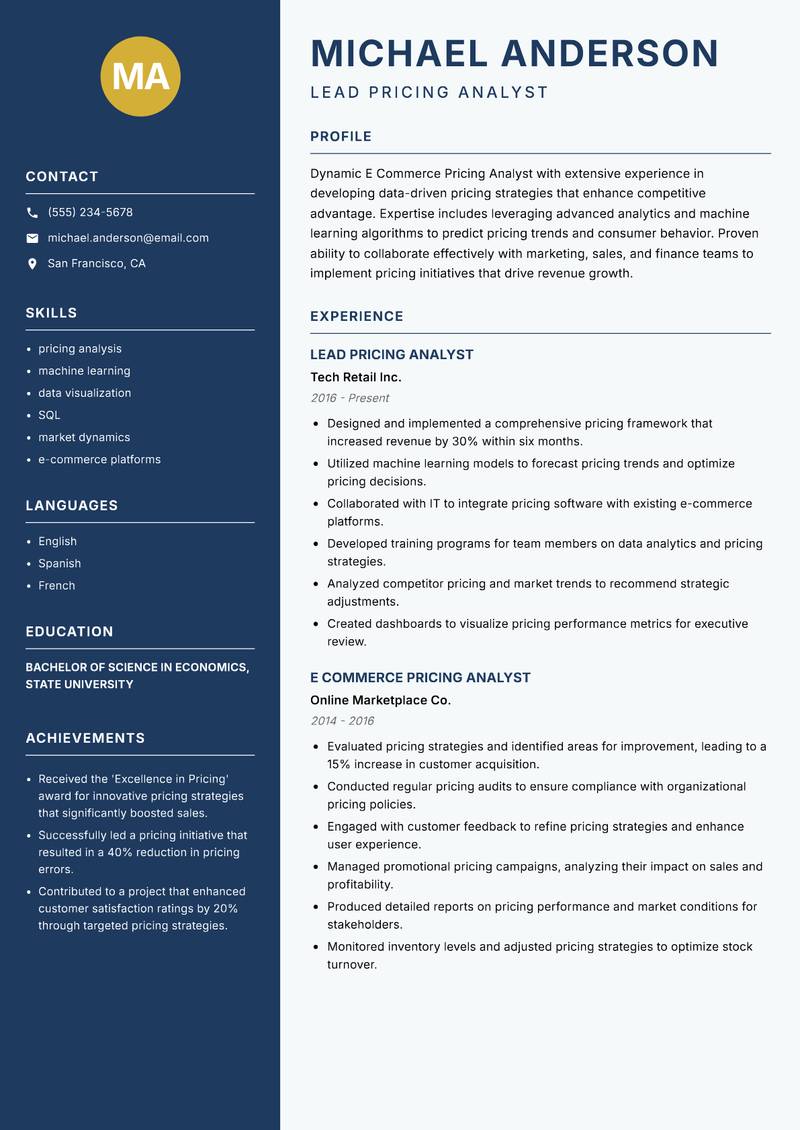 E Commerce Pricing Analyst resume template — Classic Clean
