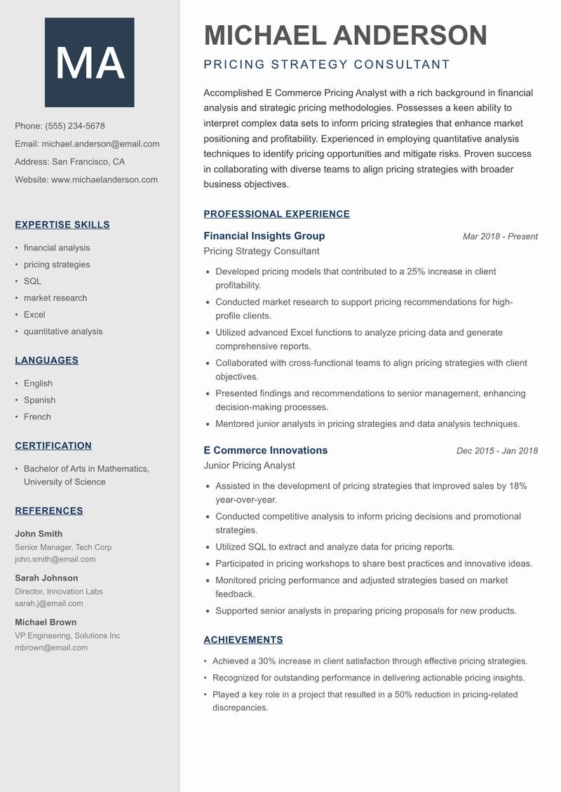 E Commerce Pricing Analyst resume template — Creative Minimal