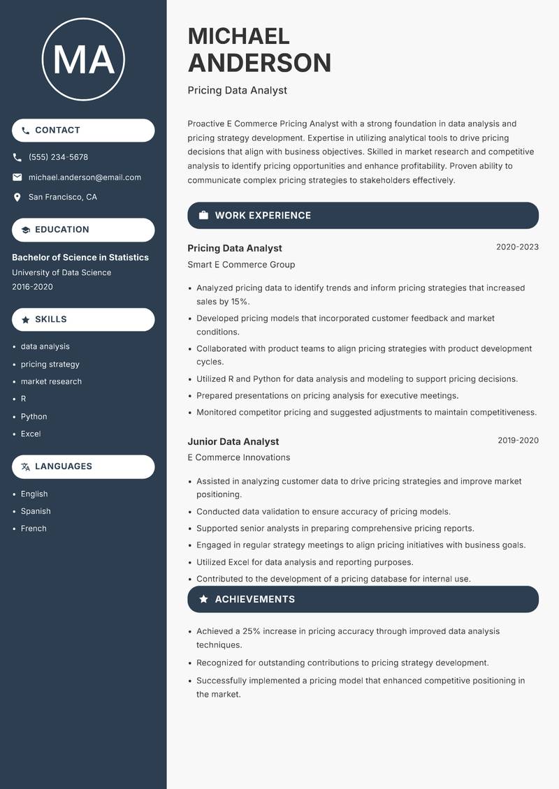 E Commerce Pricing Analyst resume template — Compact