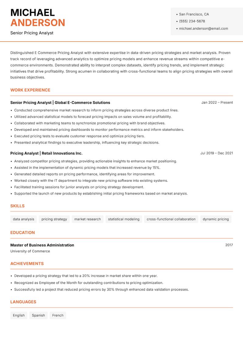 E Commerce Pricing Analyst resume template — Modern Professional
