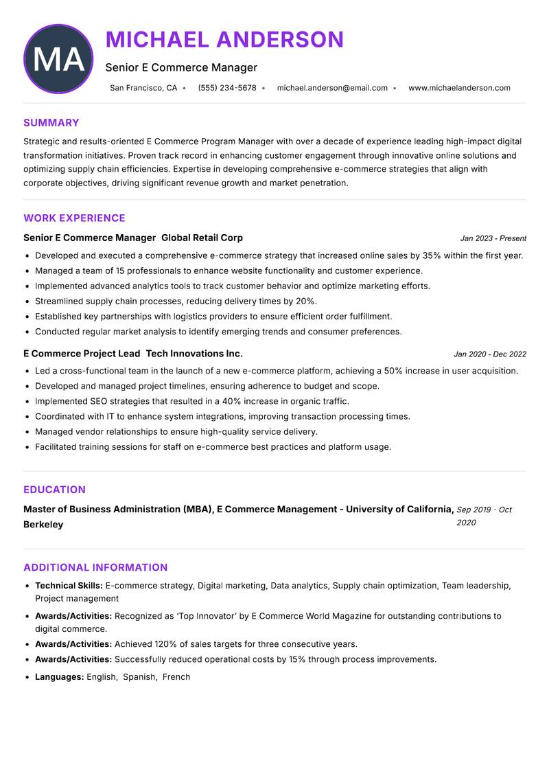 E Commerce Program Manager resume example — ATS-friendly template