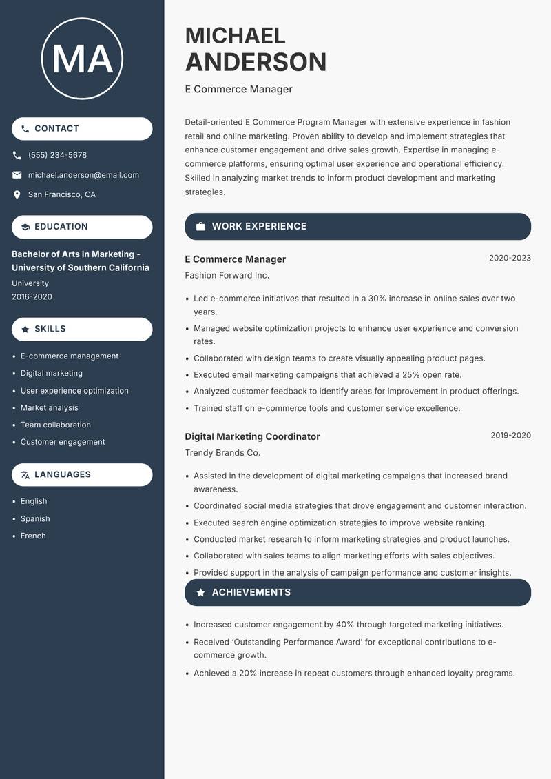 E Commerce Program Manager resume template — Compact