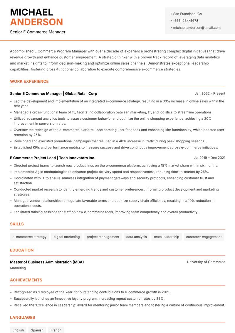 E Commerce Program Manager resume template — Modern Professional
