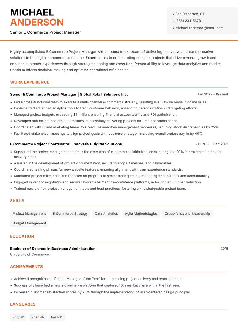 E Commerce Project Manager resume template — Modern Professional