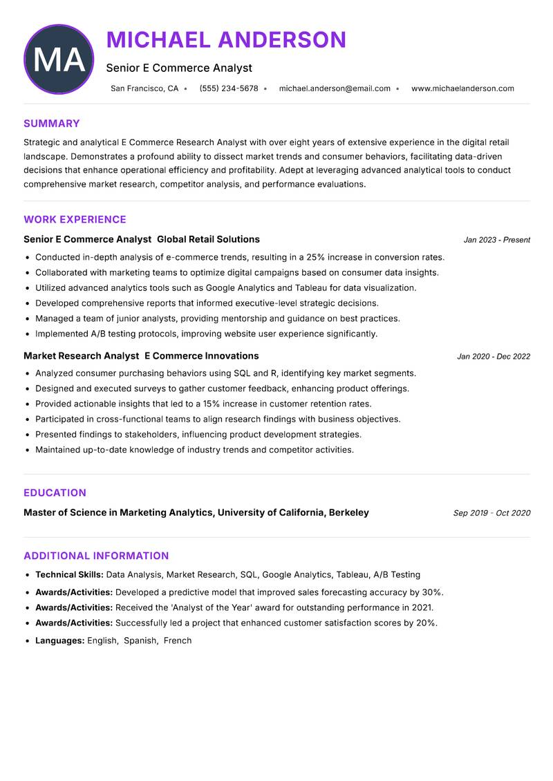 E Commerce Research Analyst resume example — ATS-friendly template