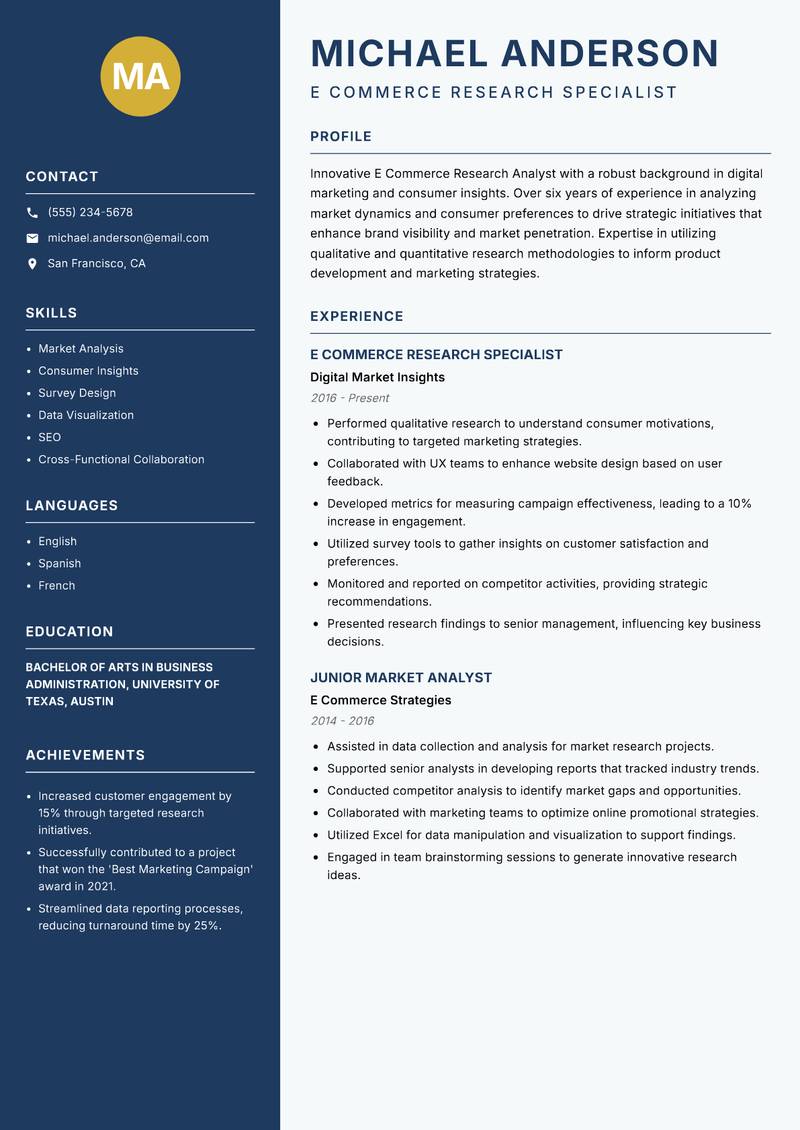 E Commerce Research Analyst resume template — Classic Clean