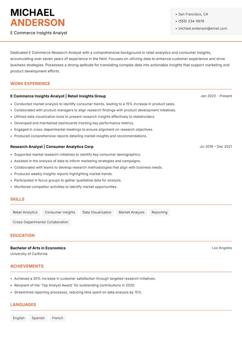E Commerce Research Analyst resume template — Modern Professional