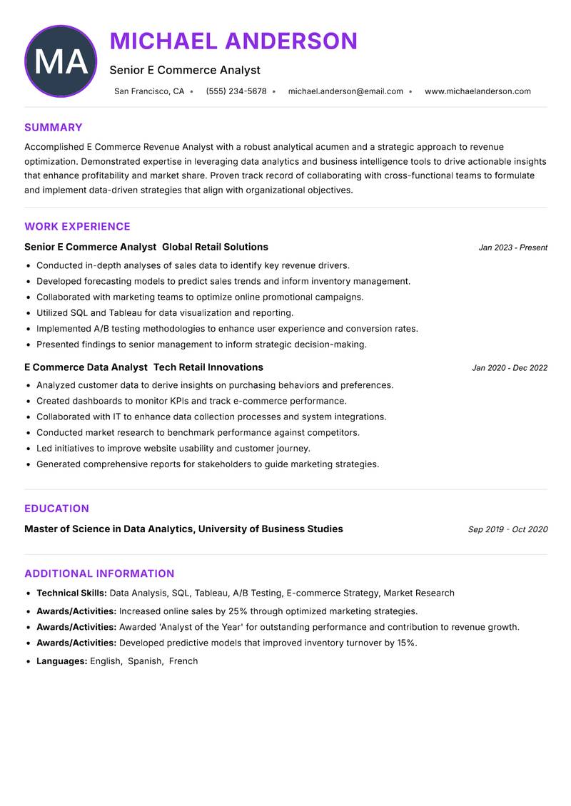 E Commerce Revenue Analyst resume example — ATS-friendly template