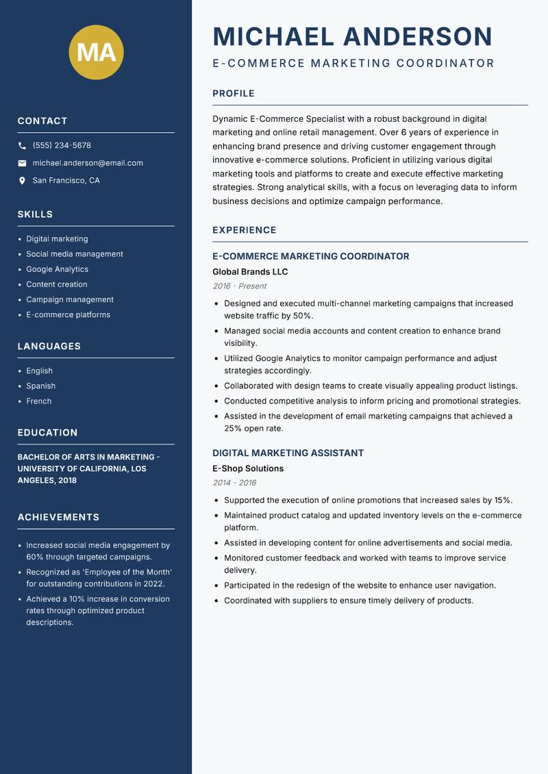 E Commerce Specialist resume template — Classic Clean