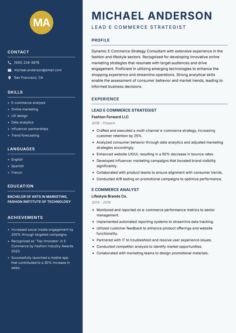 E Commerce Strategy Consultant resume template — Classic Clean
