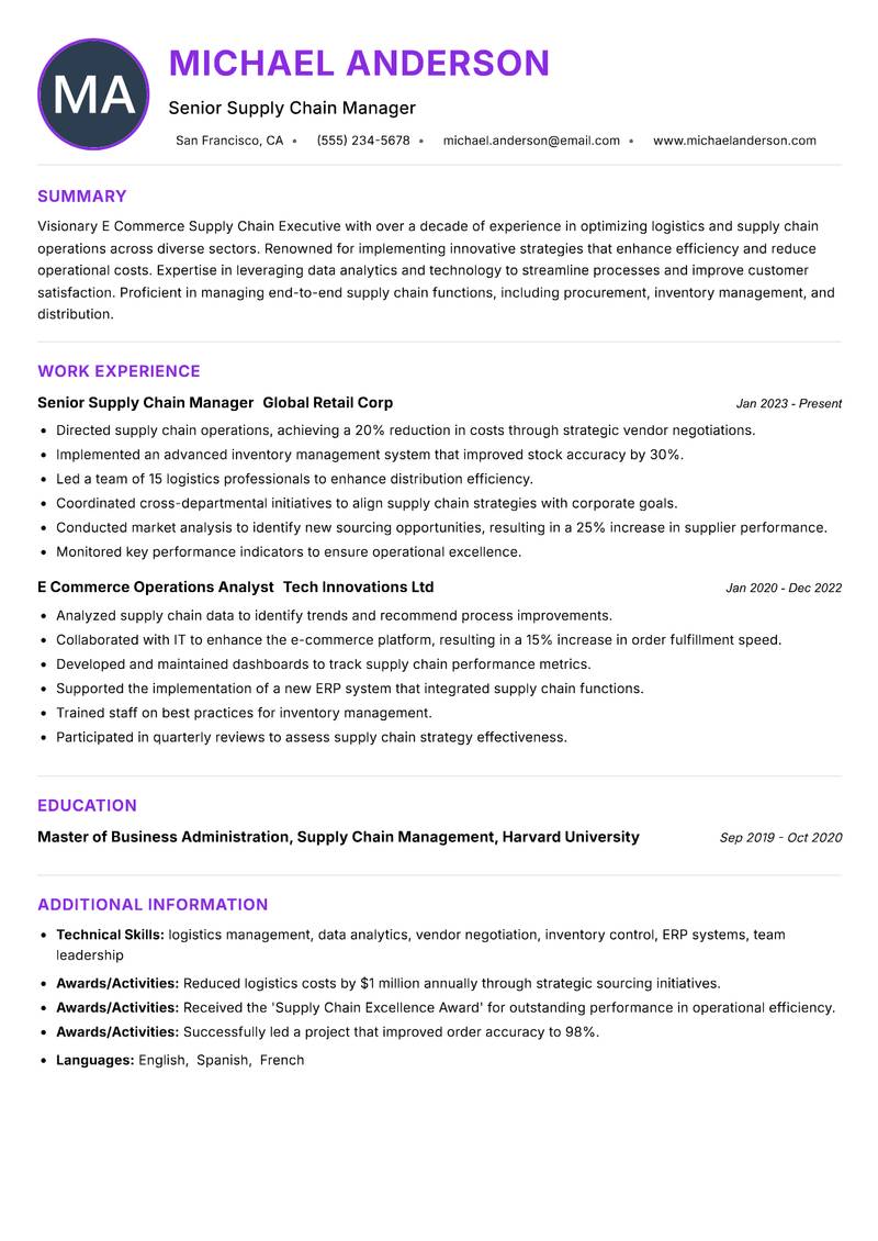 E Commerce Supply Chain Executive resume example — ATS-friendly template