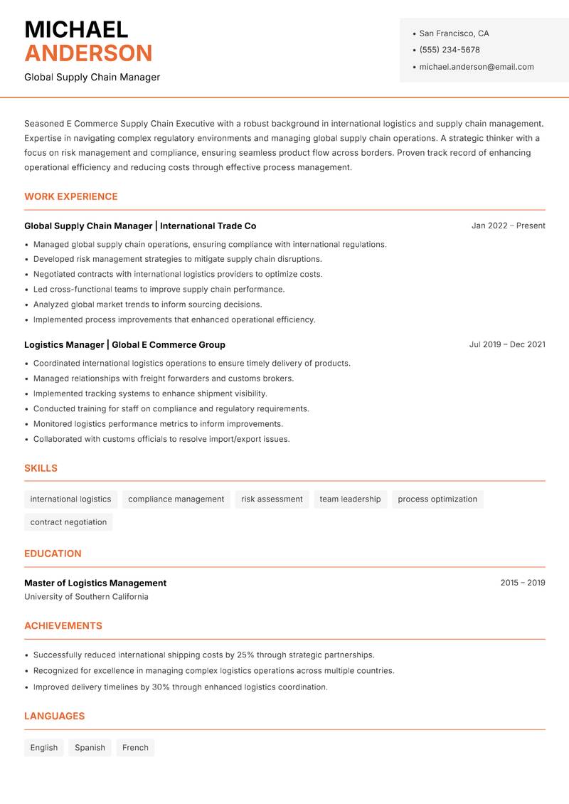 E Commerce Supply Chain Executive resume template — Modern Professional