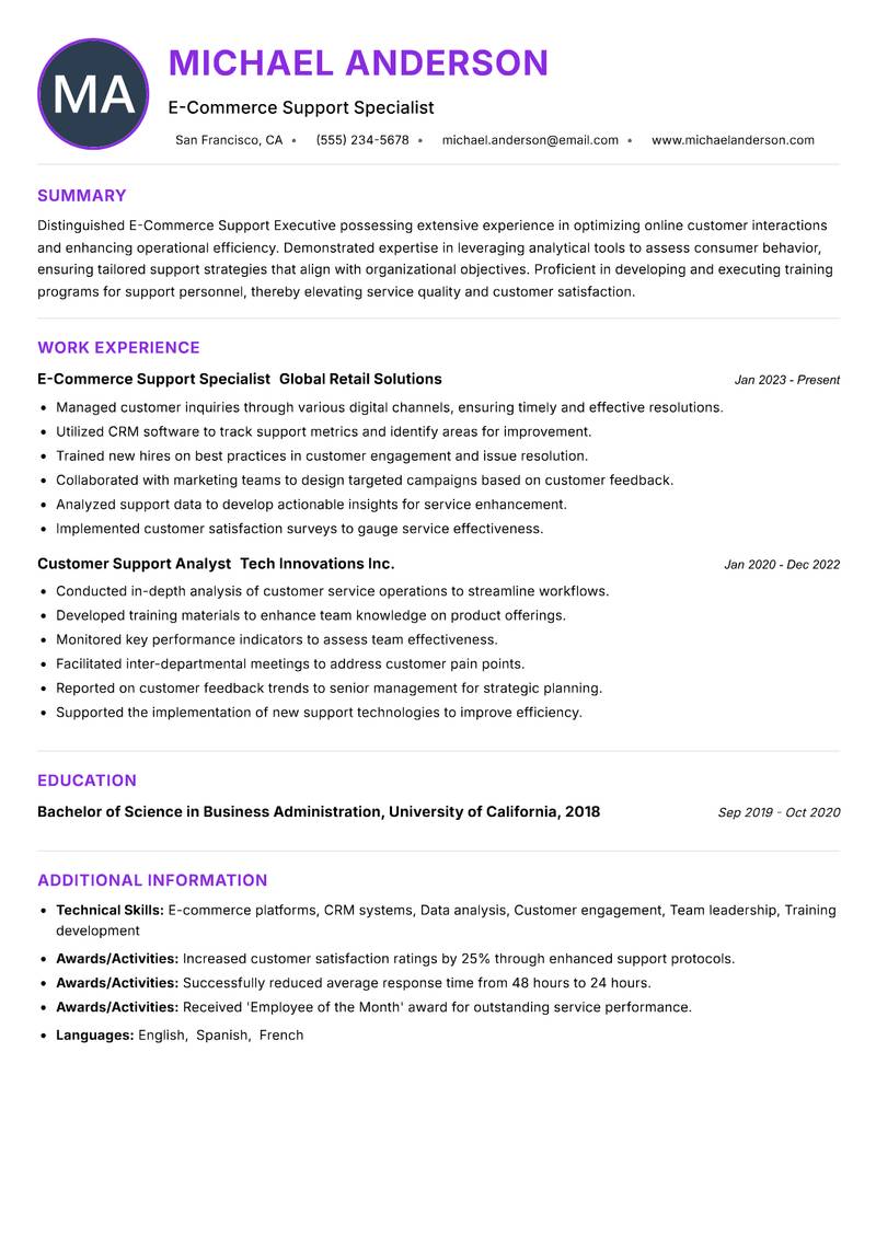 E Commerce Support Executive resume example — ATS-friendly template