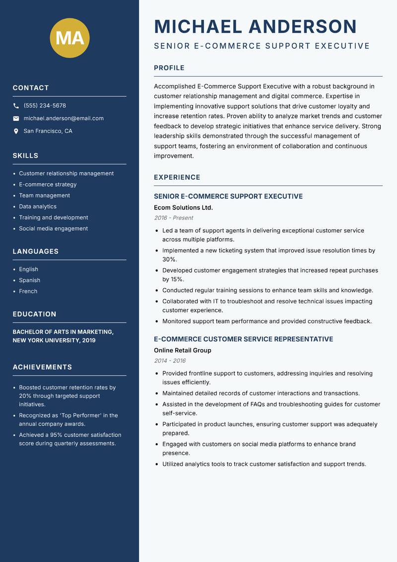 E Commerce Support Executive resume template — Classic Clean