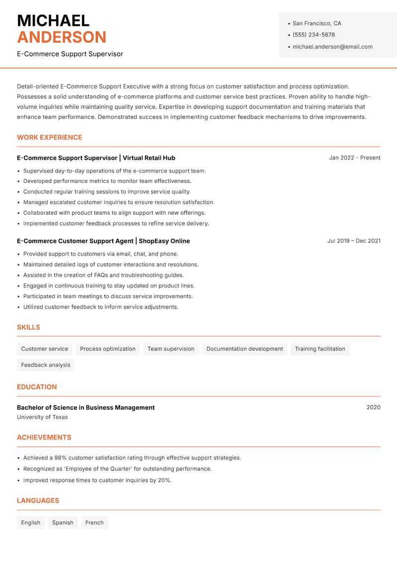 E Commerce Support Executive resume template — Modern Professional
