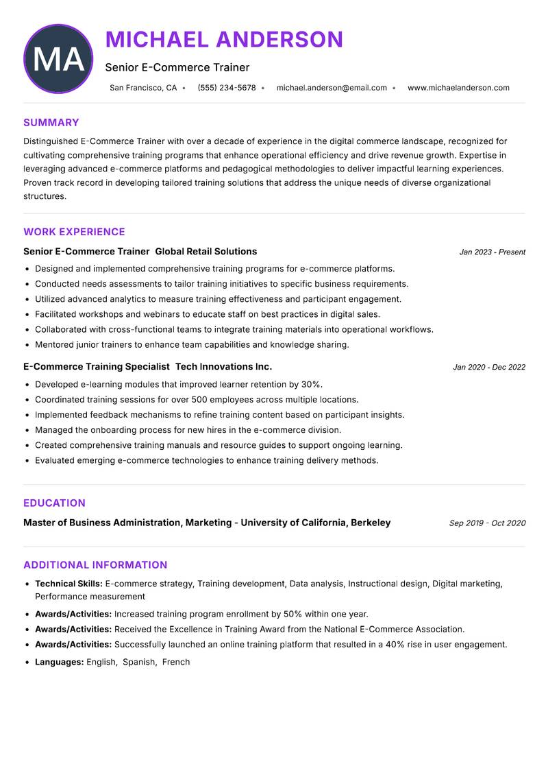 E Commerce Trainer resume example — ATS-friendly template
