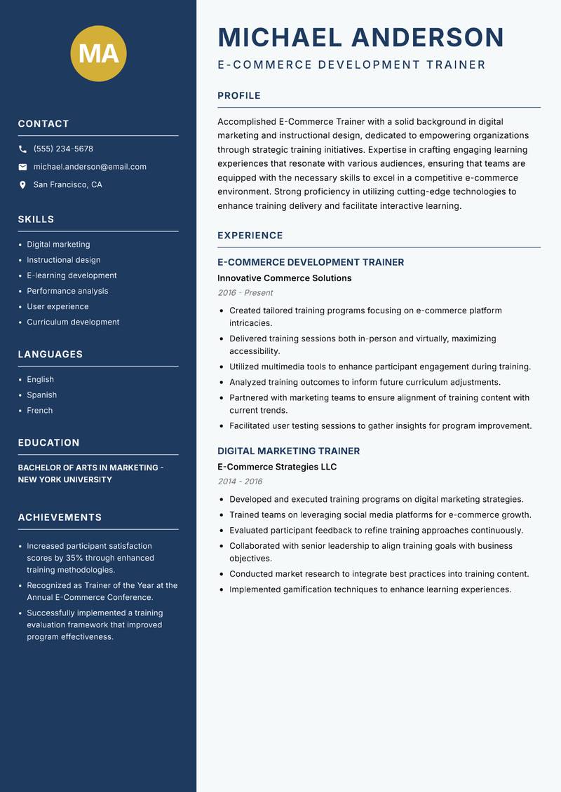 E Commerce Trainer resume template — Classic Clean