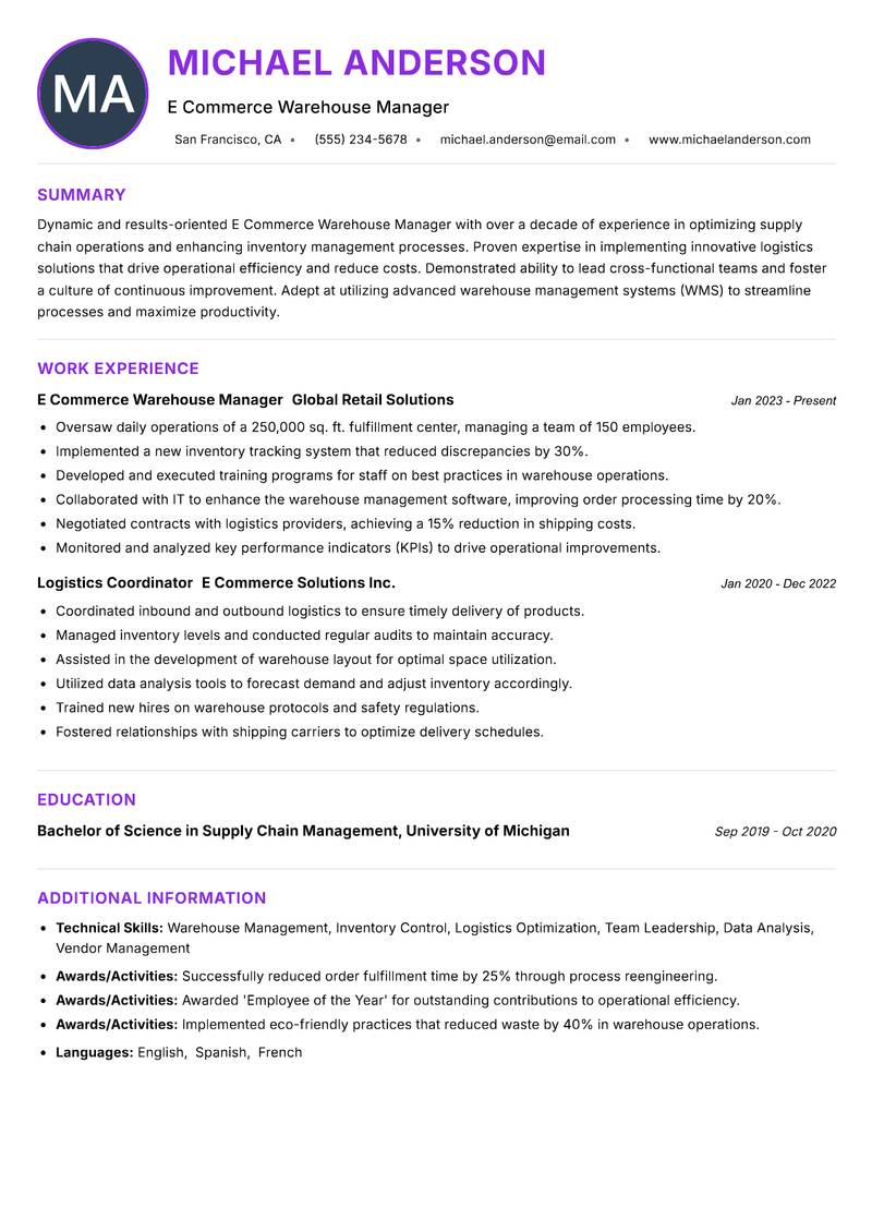 E Commerce Warehouse Manager resume example — ATS-friendly template