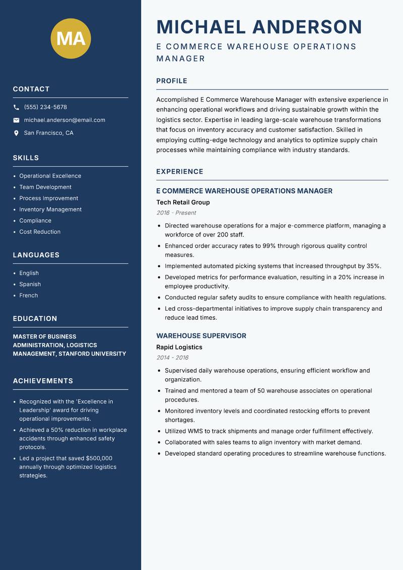 E Commerce Warehouse Manager resume template — Classic Clean