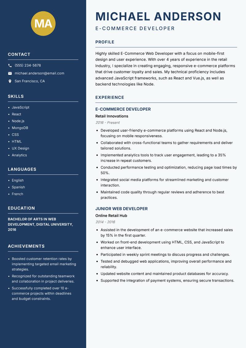 E-Commerce Web Developer resume template — Classic Clean