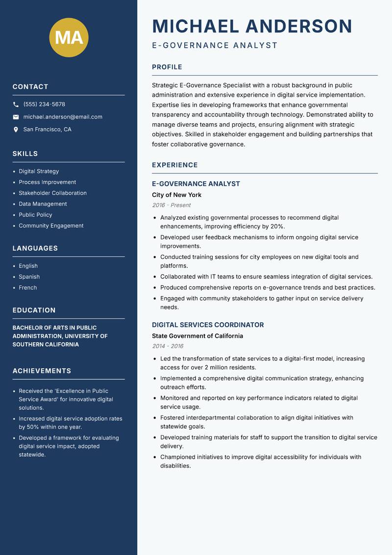 E-Governance Specialist resume template — Classic Clean