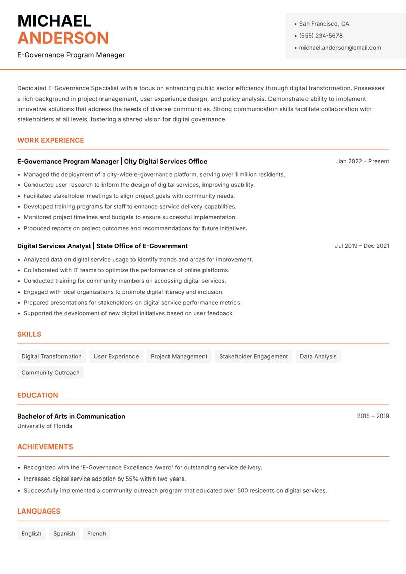 E-Governance Specialist resume template — Modern Professional