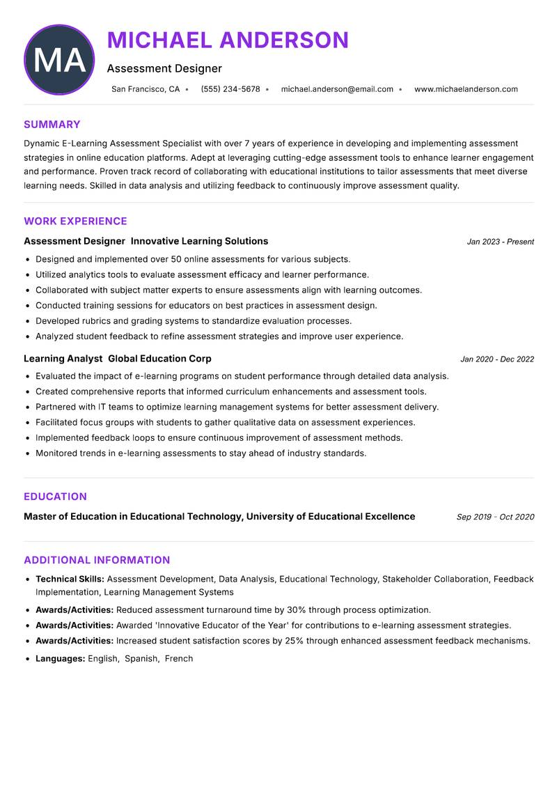 E-Learning Assessment Specialist resume example — ATS-friendly template