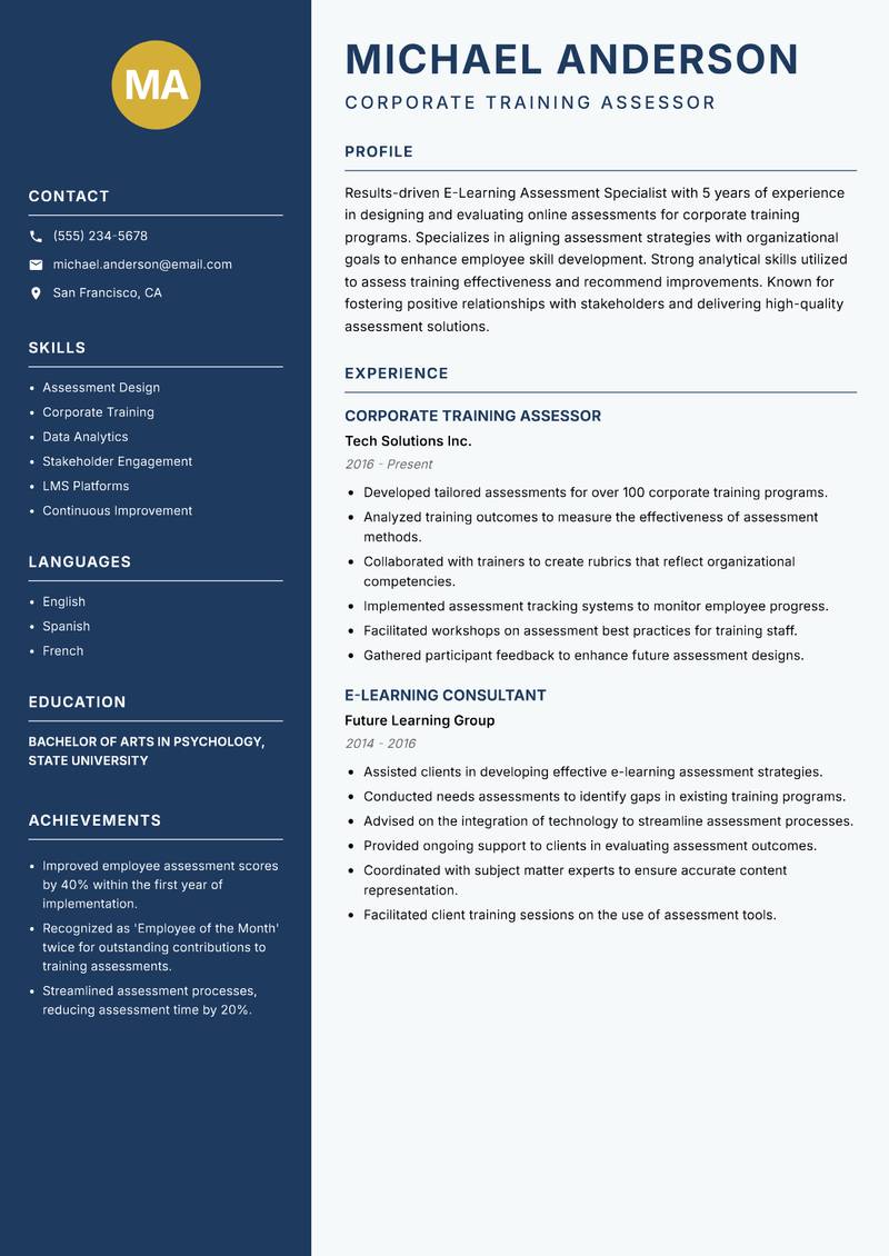 E-Learning Assessment Specialist resume template — Classic Clean