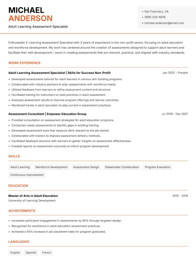 E-Learning Assessment Specialist resume template — Modern Professional