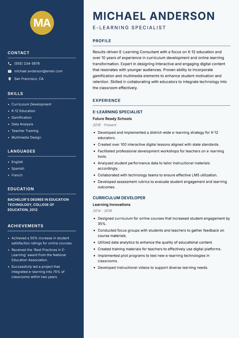 E-Learning Consultant resume template — Classic Clean